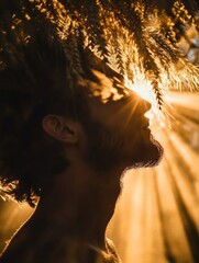 Leinwandbilder - Rays of sunlight shining through ears of wheat creating a glowing silhouette of a person in nature. Generative AI