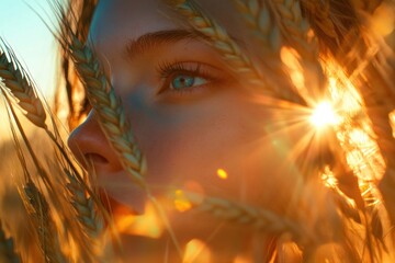 Aufkleber - Rays of sunlight through golden ears of wheat illuminate a serene face during a beautiful sunset. Generative AI