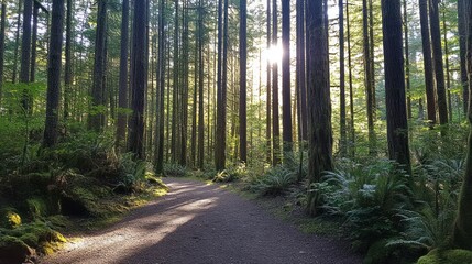 Poster - Sunlit Forest Path Winding Through Tall Trees