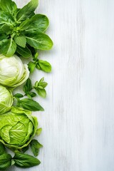 Wall Mural - Artistic arrangement of fresh green vegetables including lettuce and herbs on rustic wooden surface illuminated by soft natural lighting