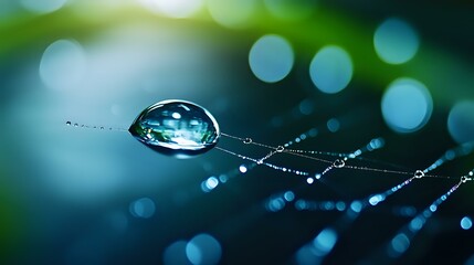 Poster - Macro photography of water drop on spider web with bokeh effect in blue and green tones, showing nature's delicate balance and morning dew.