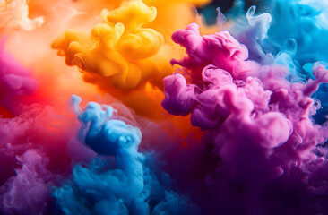 Poster - Vibrant hues of inky colours merge in water creating mesmerizing swirls, patterns. Close-up view of dynamic colour blend. Fluid motion creates abstract design. Warm, cool colours mix seamlessly.