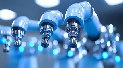 Poster - Macro view of modern LED light bulbs in blue tones with selective focus and bokeh effect creating futuristic technological atmosphere for energy efficiency concepts.