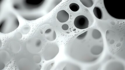 Poster - Macro photography of white foam or sponge material with circular holes and bubbles creating abstract geometric pattern with depth and texture for backgrounds.