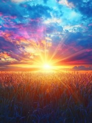 Poster - Beautiful rays streaming through golden ears of wheat at sunrise in a vibrant sky. Generative AI