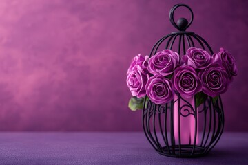 Wall Mural - Enchanted purple roses bloom inside a delicate birdcage, resting elegantly on a matching purple table, radiating love and romance for Valentine's Day.