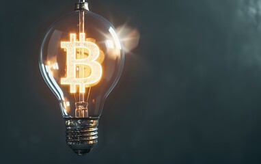 Poster - Glowing bitcoin symbol inside vintage light bulb against dark background, creative cryptocurrency and innovation concept for financial technology.