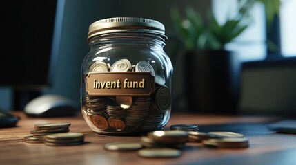 Poster - A coin jar labeled investment fund placed on a modern desk.
