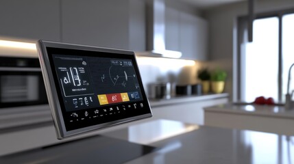 Poster - A digital home energy management system display in a modern kitchen.