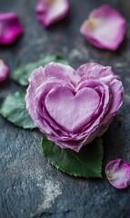 Wall Mural - A stunning purple rose rests gracefully on a dark surface, its vibrant petals and lush green leaves creating a romantic and enchanting scene for Valentine's Day.