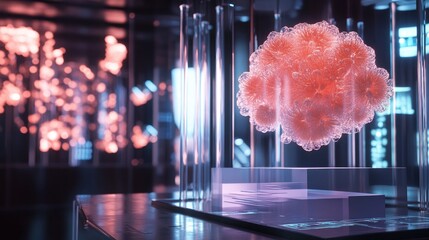 Poster - A futuristic D rendering of a bio-engineered structure in a lab display.