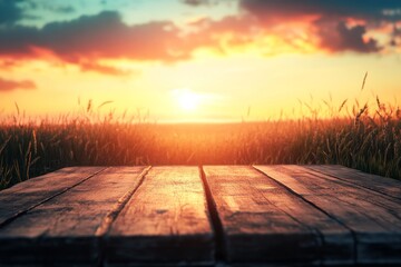 Wall Mural - Stunning sunset over golden wheat field with rustic deck and vibrant cloudy sky at dusk