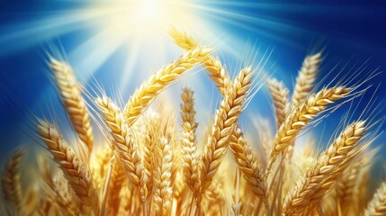 Poster - Rays of sunlight shining through golden ears of wheat at harvest time in a rural field. Generative AI