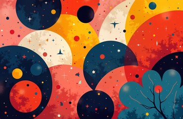 Poster - Colorful abstract artwork features dynamic shapes, colors. Vibrant design with geometric forms, sense of movement. Abstract painting with circles, stars. High-contrast colors blend smoothly.