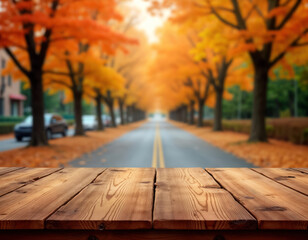 Aufkleber - Empty wooden table in front of autumnal maple trees. Bokeh effect creates soft focus background. Sunny day. Natural design. Suitable for various products display. Peaceful autumn scene.