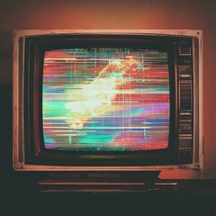 Fototapete - Static noise and colorful glitch patterns on a retro television set in a dimly lit room. Generative AI