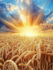 Poster - Sunlight shining through golden wheat fields at sunrise. Generative AI