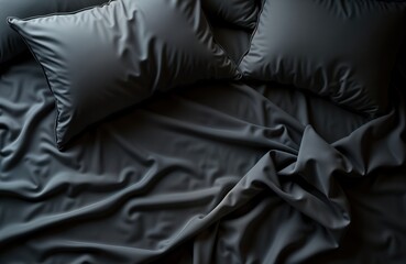 Poster - Dark unmade bed with crumpled black sheet blanket, pillows. Luxury hotel room bedroom. Elegant, comfortable. Focus on texture, material. Modern design. Top view closeup. Morning overnight stay. Soft,