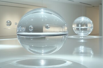 Suspended transparent spheres installation modern gallery display minimalist environment abstract viewpoint innovation