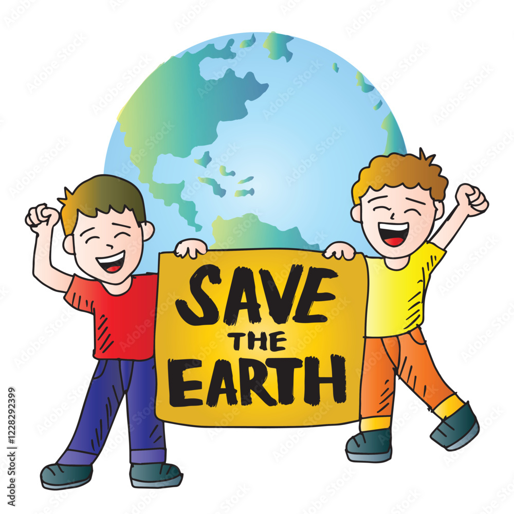 Save Earth hand drawn vector illustration in doodle style. Smiling boys ...