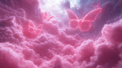 Wall Mural - Pink butterflies soar dreamy cloudscape