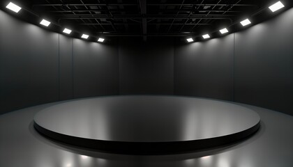 Poster - Empty dark studio with round platform. Bright lights create reflections. Minimalist tech design. Modern virtual space for products events. Futuristic look. Ideal for fashion, tech, design
