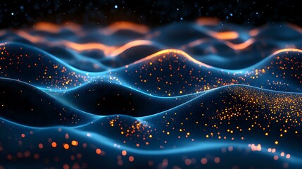 Poster - Glowing blue waves with scattered orange particles creating dynamic motion effect against dark background, abstract technology visualization.