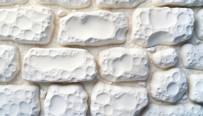 Aufkleber - Close-up view of white stone wall texture. Abstract design mimicking rough stone blocks. Surface shows unique patterns, details. Ideal for background use in design projects. Modern aesthetic with