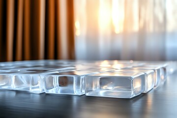 Poster - Clear glass ice cubes arranged in rows on dark surface with soft window light creating reflective highlights and shadows, modern minimalist composition.