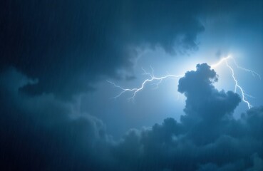 dramatic sky with heavy rain, lightning. dark clouds fill scene. powerful lightning illuminates stor