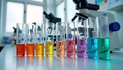 Poster - Colorful test tubes filled with liquids stand in modern lab. Microscopes in background. Scientific research in progress. Organized lab setting indicates focus on precision, innovation in study of