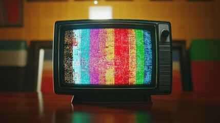 Poster - Static noise on retro television screen with colorful glitch patterns in a vintage setting. Generative AI