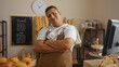 © Krakenimages.com - Young hispanic man with crossed arms in a bakery interior, surrounded by fresh bread and pastries, expressing confidence in his shop