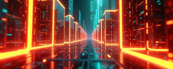 Leinwandbilder - Futuristic tech corridor with glowing neon orange, teal lines. Rows of glowing tech blocks create pathway. Abstract design shows high tech communication network. Retro futuristic glow style. Digital