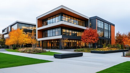 Wall Mural - Modern architectural building with large glass windows surrounded by vibrant autumn foliage and green landscape