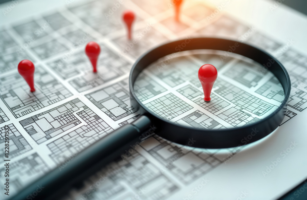 Magnifying glass focuses on vacant land plot location on blueprint ...