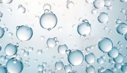 Poster - Closeup view of numerous transparent bubbles in light blue liquid. Bubbles vary in size, position. Liquid appears clean, fresh. Soft light background enhances transparency, glossy effect of bubbles.