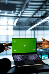 Poster - computer scientists in data center using green screen notebook, observing analytics, reviewing equip