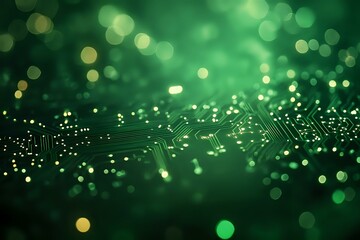 Poster - Circuit board pattern with glowing green bokeh lights and electronic pathways creating futuristic technology background for digital transformation concepts.