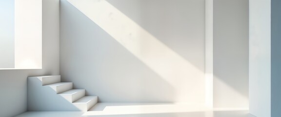 Aufkleber - White empty room with stairs. Sunlight casts shadows on white walls. Modern minimalist interior design. Geometric pattern. Ideal for interior design architecture projects. Abstract art. Suitable for