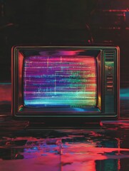 Poster - Retro television screen displays vibrant static and colorful glitch patterns in a nostalgic setting. Generative AI