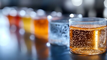 Poster - Row of colorful carbonated drinks in small glass cups with bubbles and bokeh effect, selective focus on golden beverage against blurred background.