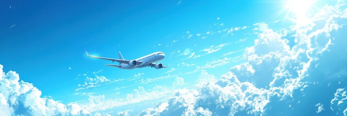 Poster - Airplane flying high above white clouds in a vibrant blue sky during bright daylight. Generative AI
