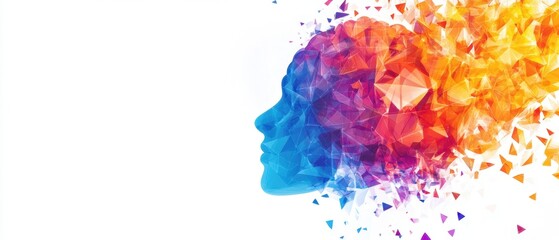 Aufkleber - Abstract human brain made of colorful low-polygon shapes on a white background with copy space Generative AI