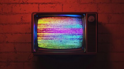 Aufkleber - Retro television displaying vibrant static noise and colorful glitch patterns against a brick wall in dim lighting. Generative AI