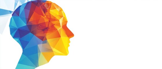 Fototapete - Abstract human brain made of colorful low-poly shapes on a white background with copy space for your design Generative AI