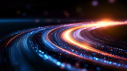 Poster - Glowing curved light trails with orange and blue streaks against dark background create dynamic motion effect for technology and innovation concepts.