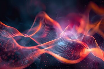 Poster - Abstract flowing waves with glowing red and blue particles creating dynamic motion against dark background, modern futuristic design for technology concepts.