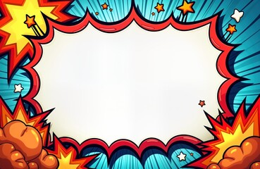 Leinwandbilder - Colorful comic book style frame with vibrant explosions, white center. Frame outlined with bright red, bordered by variety of fun shapes. Suitable for playful poster graphic design element. Ideal for