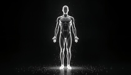 Poster - 3D human body model appears as white flickering particles against black background. Abstract representation of human organism. Futuristic tech concept for business presentation screensaver. Modern
